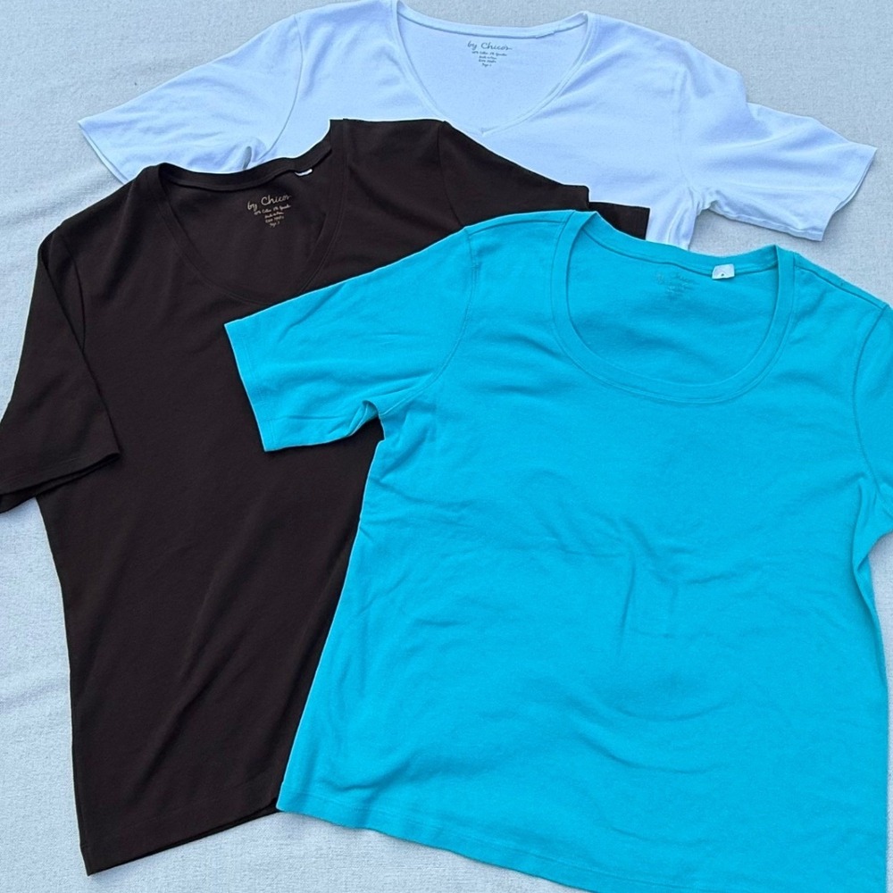 Lot of 3 Chicos Short Sleeve Cotton Stretch Tops White Brown Turquoise Size 3
